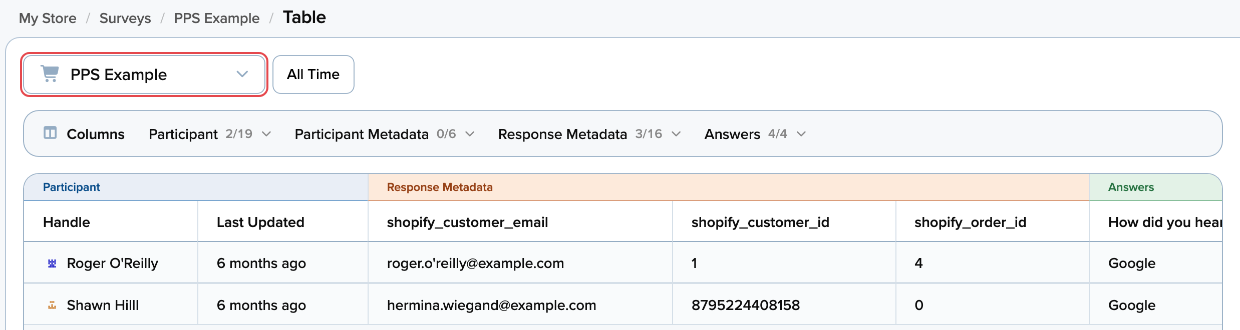 The survey dropdown on the Table page