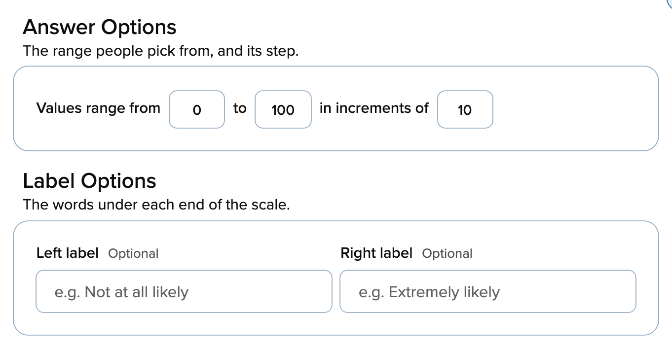 Slider answer options: range and increment