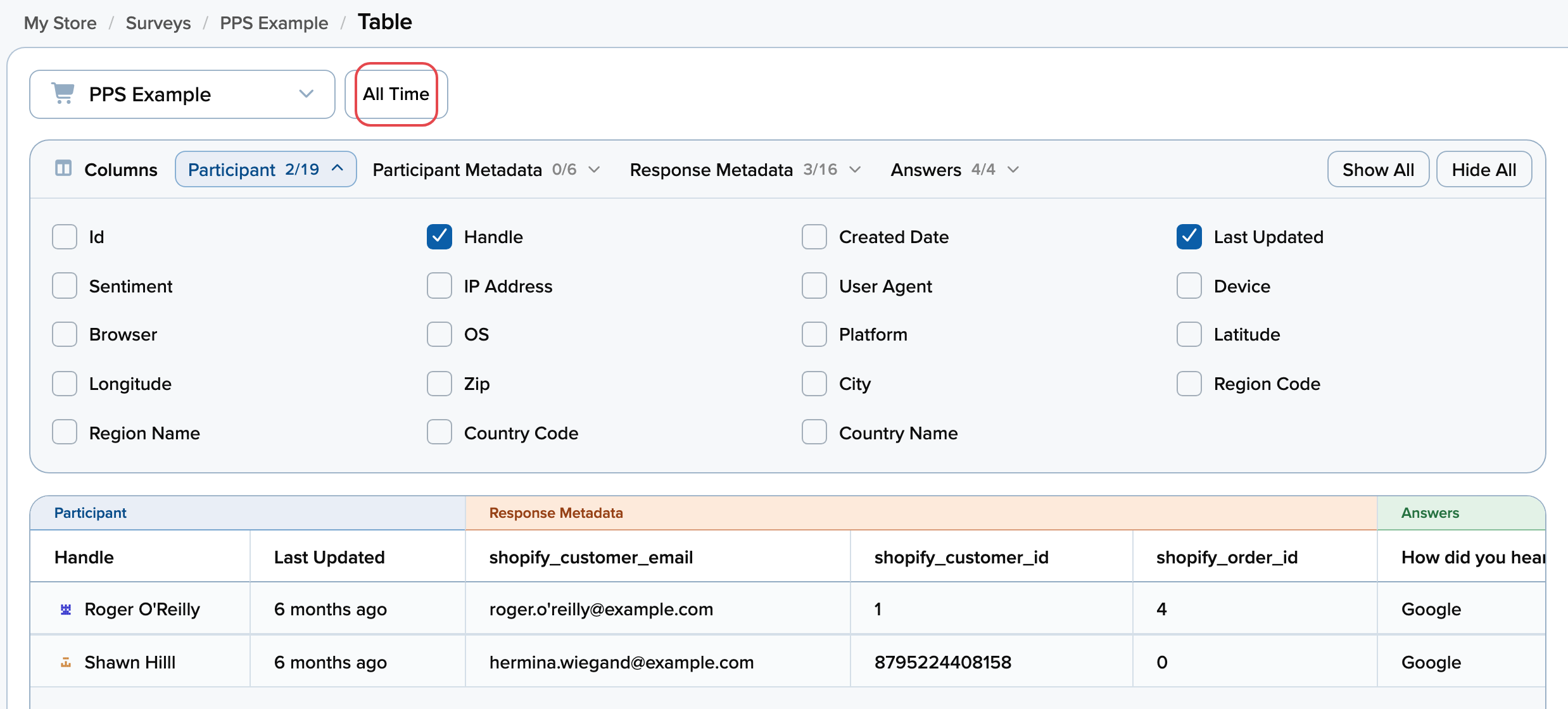 Choosing columns and a date range on the Table page