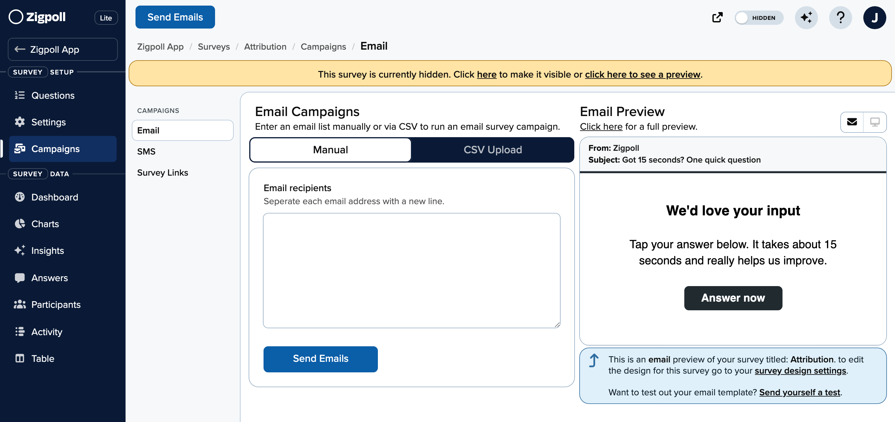 The Email campaign page