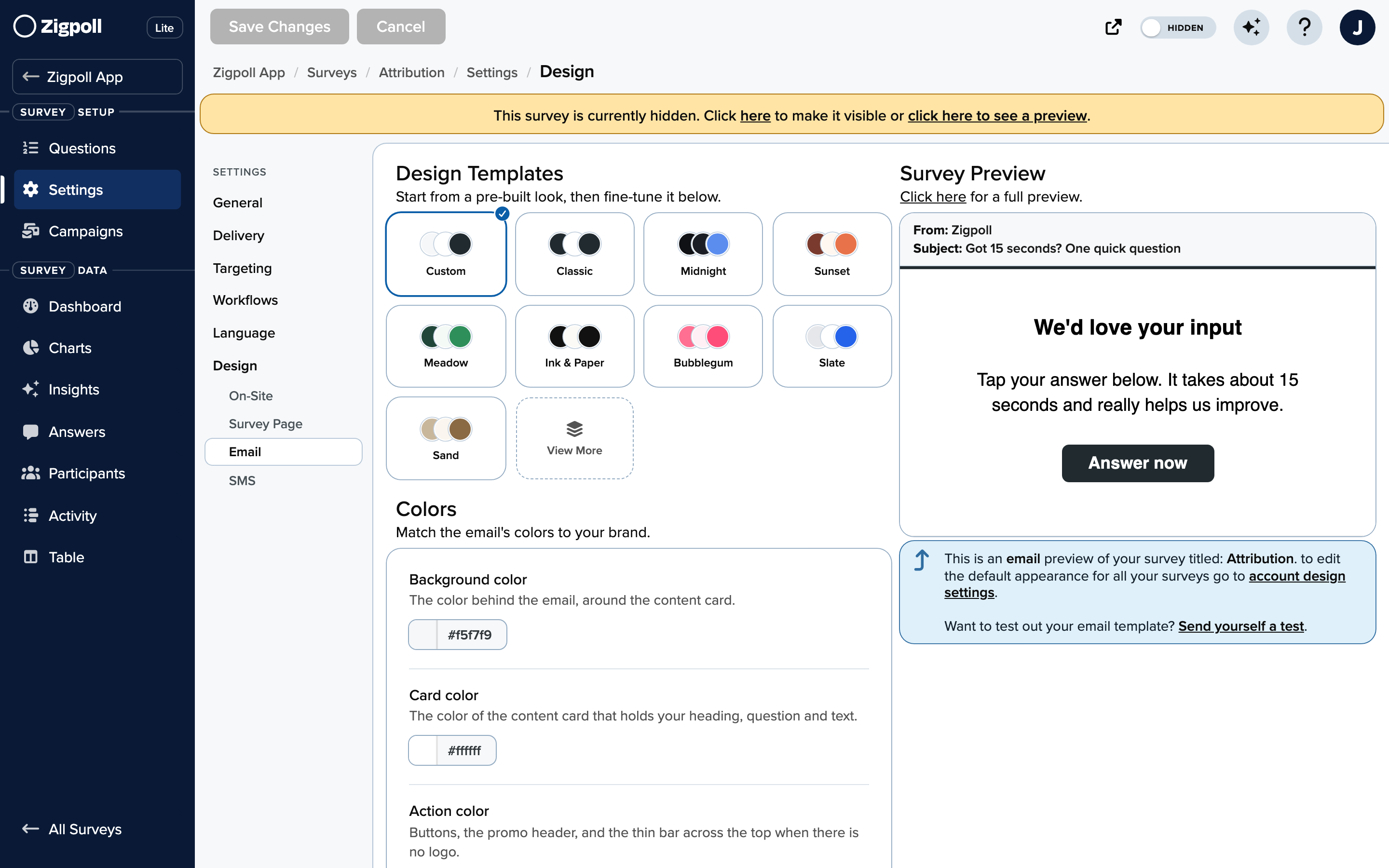 The email design settings